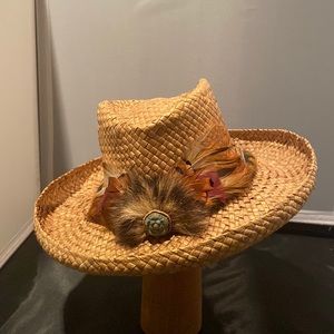 Casper Twid of Cheyenne, straw cowboy hat with feathers.  Ladies Medium